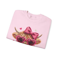 Highland Cow - Pink Heart Shaped Glasses – Gildan Heavy Blend | Trendy Women’s Soft Sweatshirt. Direct to Garment. Printed & Shipped in the USA. Unisex Sizes.