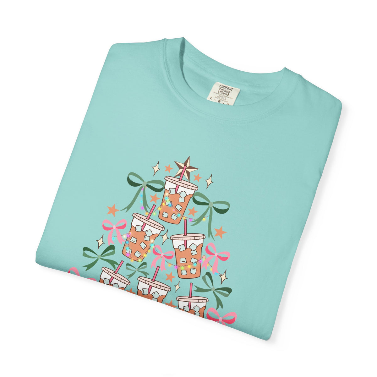 Merry and Caffeinated Iced Coffee Christmas Tree - Comfort Colors | Trendy Women's T-Shirt. Direct to Garment. Printed & Shipped in the USA. Unisex Sizes.