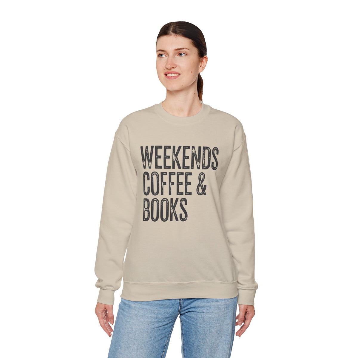 Weekends, Coffee & Books – Gildan Heavy Blend | Trendy Women’s and Men's Soft Sweatshirt. Direct to Garment. Printed & Shipped in the USA. Unisex Sizes.
