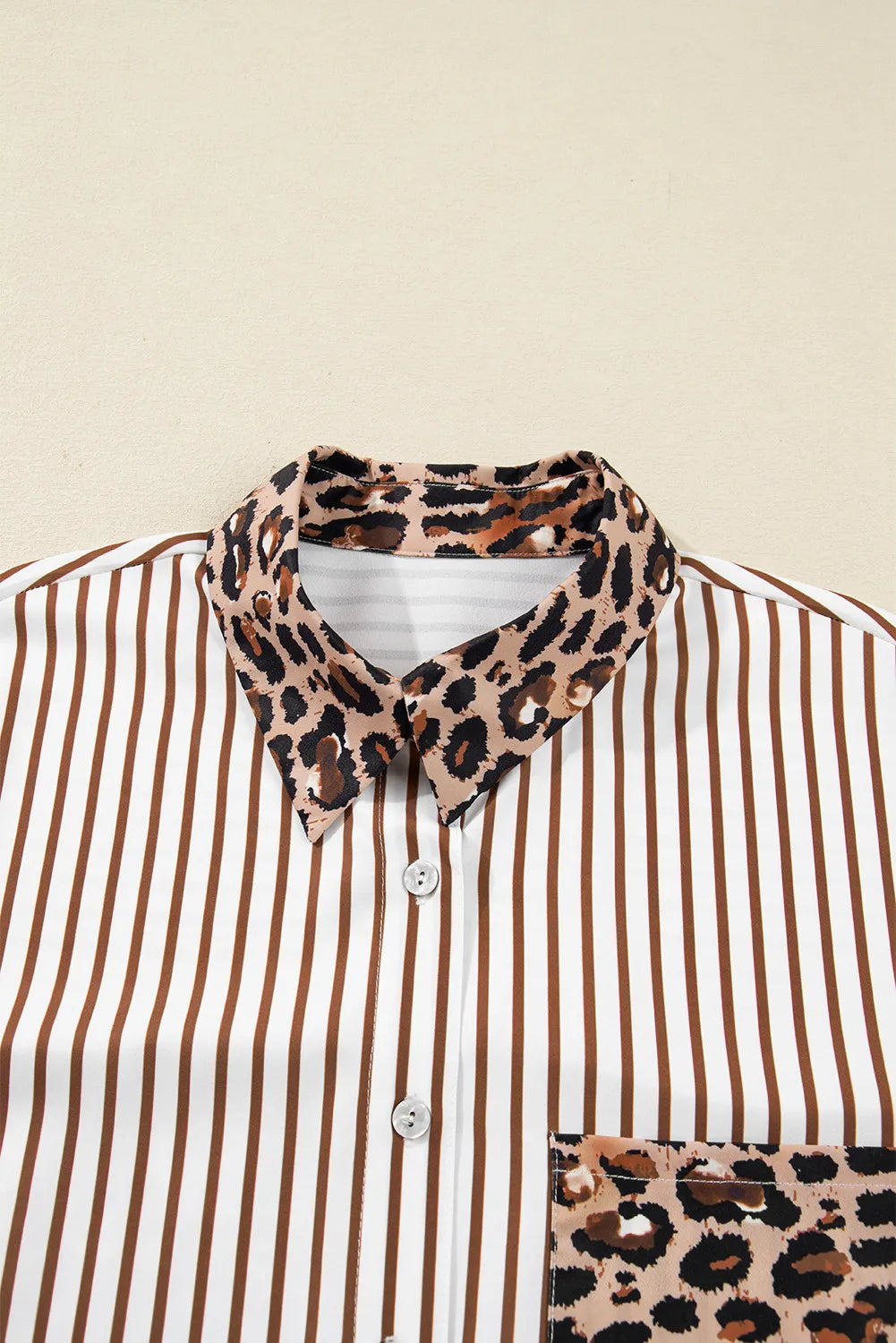 Brown & White Striped and Leopard Print Shirt Dress with Pockets