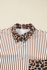 Brown & White Striped and Leopard Print Shirt Dress with Pockets