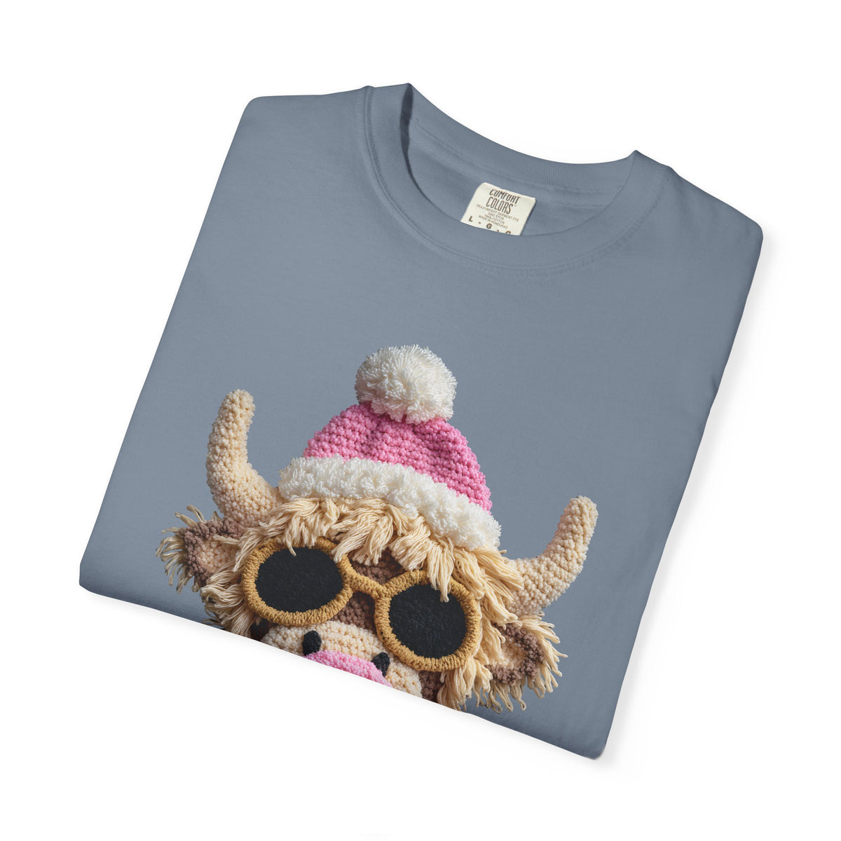 Faux Crochet Highland Cow Bubblegum - Comfort Colors | Trendy Women's T-Shirt. Direct to Garment. Printed & Shipped in the USA. Unisex Sizes.