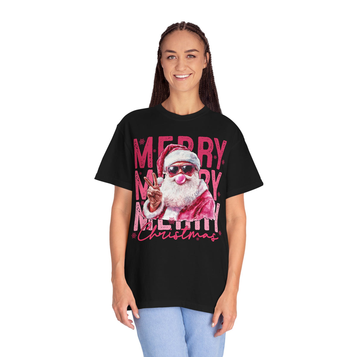 Pink Merry Christmas Bubblegum Santa - Comfort Colors | Trendy Women's T-Shirt. Direct to Garment. Printed & Shipped in the USA. Unisex Sizes.