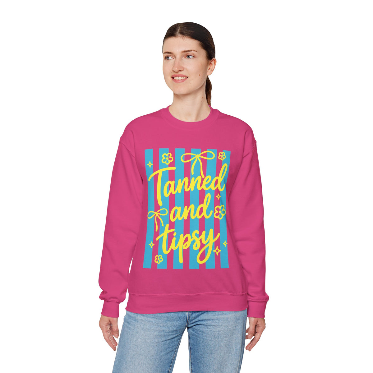 Tanned and Tipsy – Gildan Heavy Blend | Trendy Women’s Soft Sweatshirt. Direct to Garment. Printed & Shipped in the USA. Unisex Sizes.