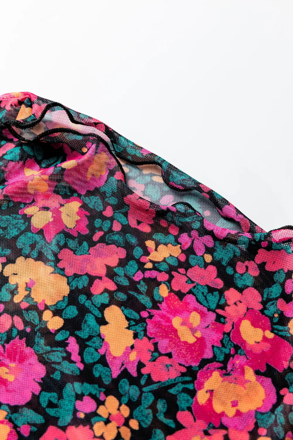 All-Over Bright Floral Mock Neck Mesh Long Sleeve Top