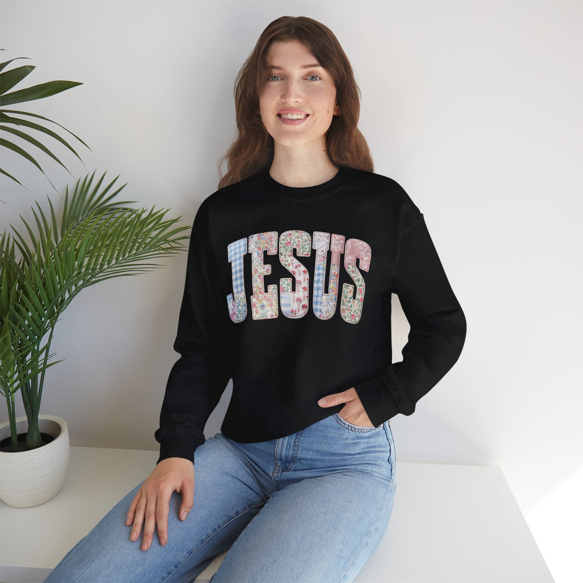 Jesus faux Patchwork – Gildan Heavy Blend | Trendy Women’s Soft Sweatshirt. Direct to Garment. Printed & Shipped in the USA. Unisex Sizes.