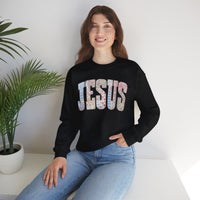 Jesus faux Patchwork – Gildan Heavy Blend | Trendy Women’s Soft Sweatshirt. Direct to Garment. Printed & Shipped in the USA. Unisex Sizes.