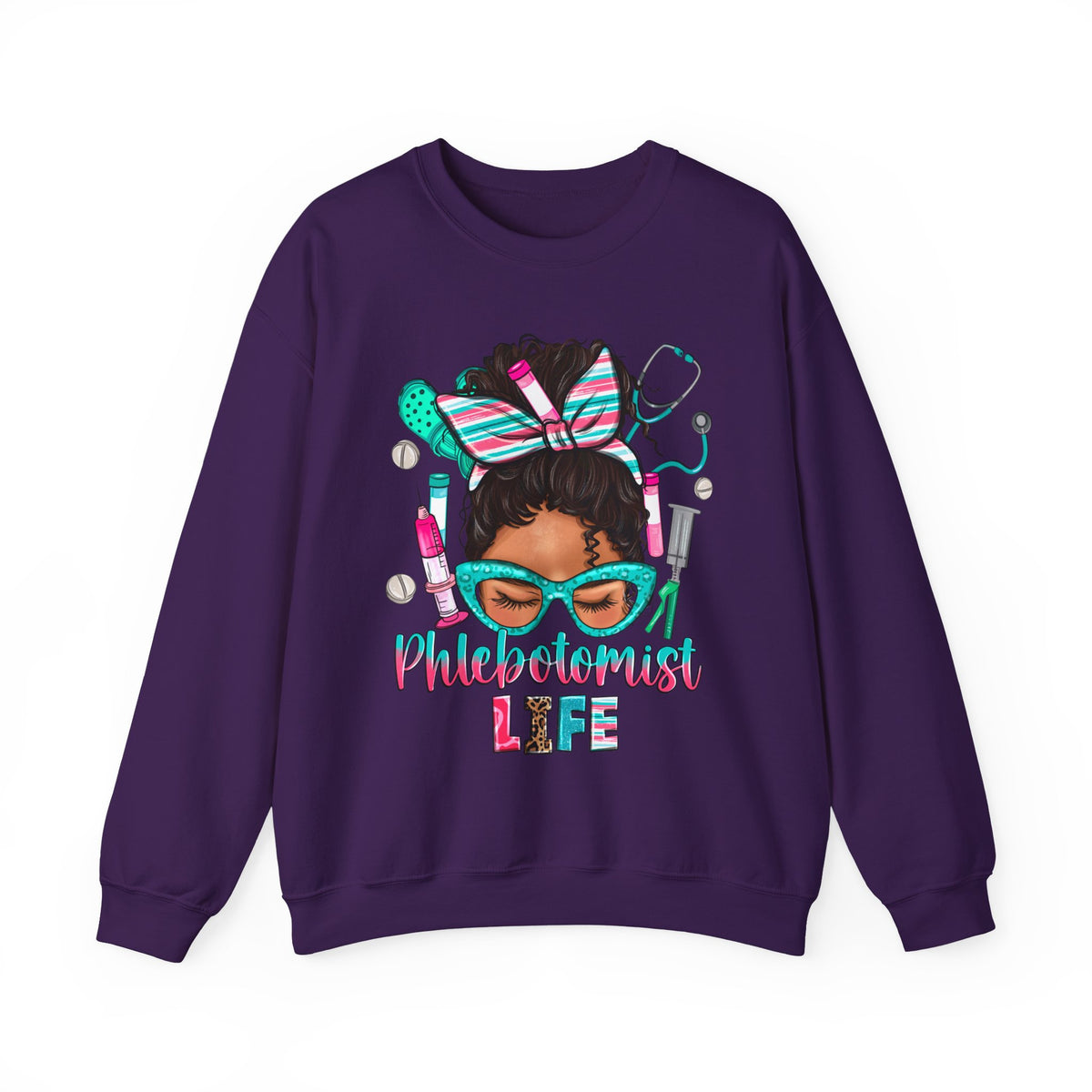 Phlebotomist Life, Messy Bun – Gildan Heavy Blend | Trendy Women’s Soft Sweatshirt. Direct to Garment. Printed & Shipped in the USA. Unisex Sizes.
