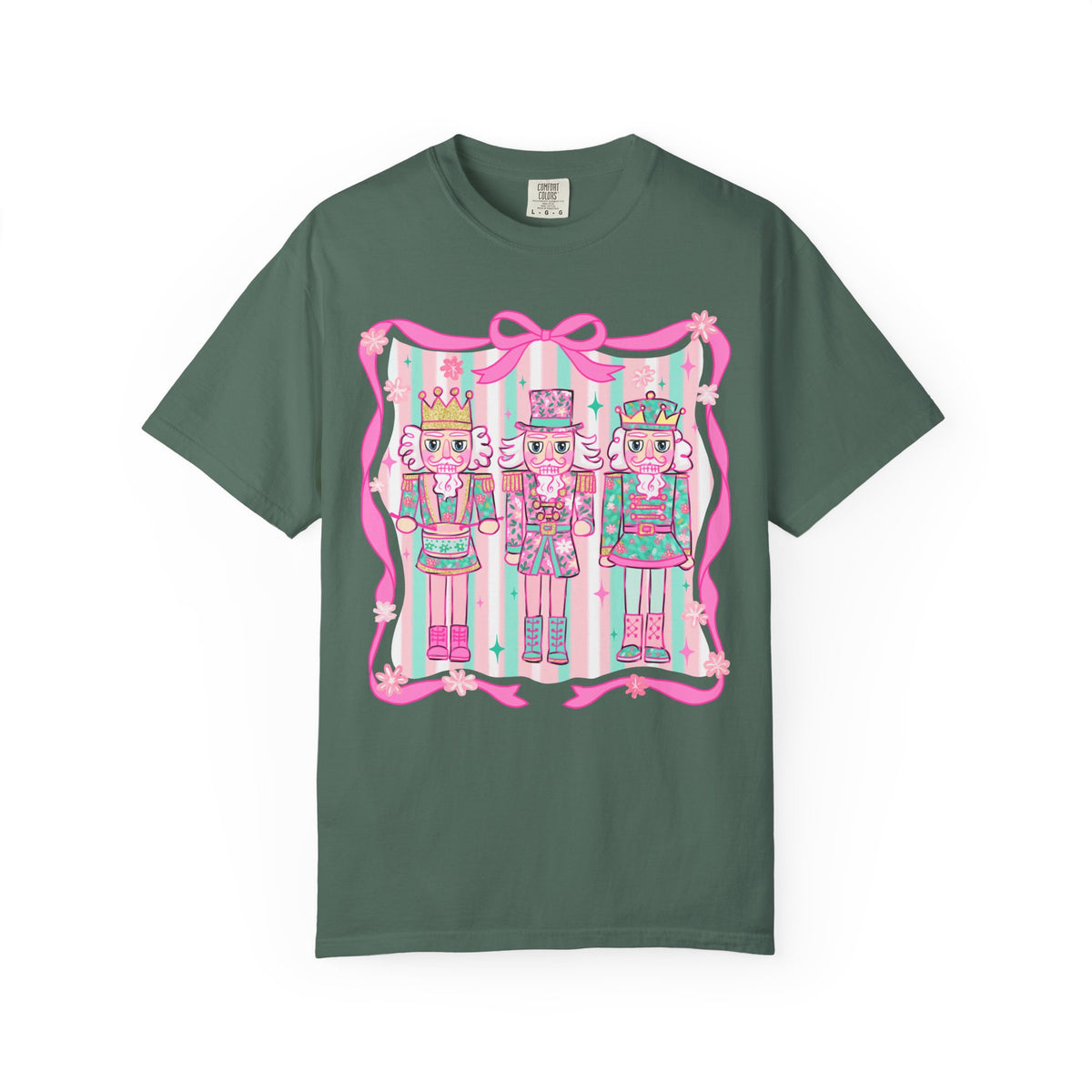 Coquette Pastel Christmas Nutcracker Trio Pink and Green - Comfort Colors | Trendy Women's T-Shirt. Direct to Garment. Printed & Shipped in the USA. Unisex Sizes.