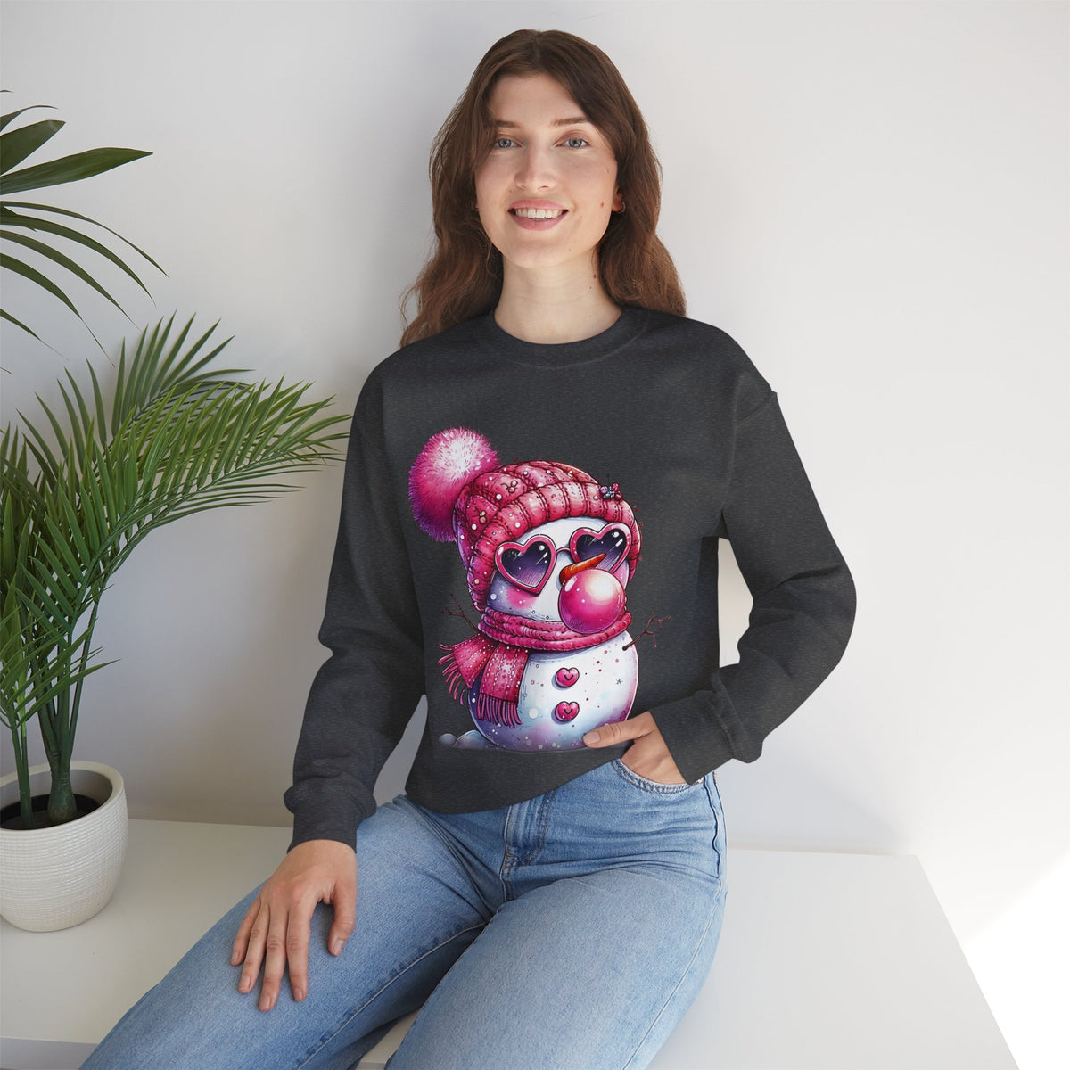 Pink Girly Snowman with Heart Sunglasses and Bubblegum - Winter – Gildan Heavy Blend | Trendy Women’s Soft Sweatshirt. Direct to Garment. Printed & Shipped in the USA. Unisex Sizes.