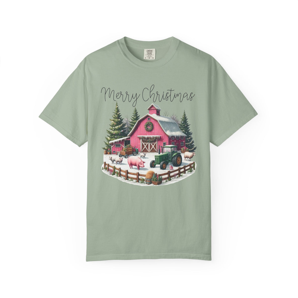 Merry Christmas Pink Barn Farm Animals - Comfort Colors | Trendy Women's T-Shirt. Direct to Garment. Printed & Shipped in the USA. Unisex Sizes.