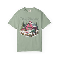 Merry Christmas Pink Barn Farm Animals - Comfort Colors | Trendy Women's T-Shirt. Direct to Garment. Printed & Shipped in the USA. Unisex Sizes.