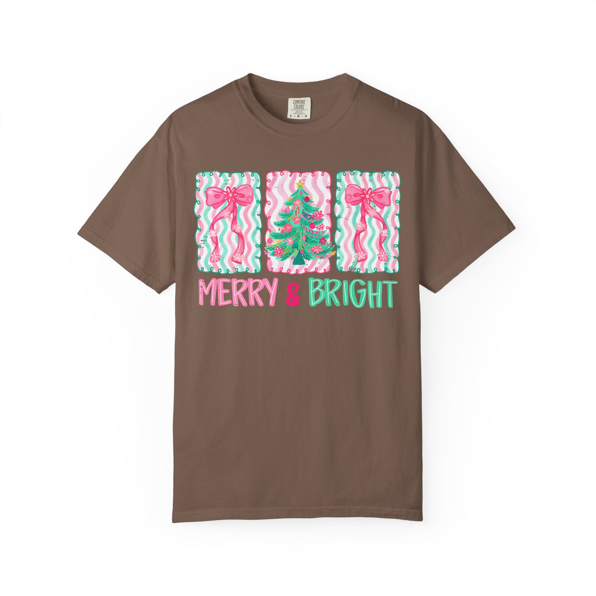 Merry & Bright Christmas — Pink & Green Holiday Tree Design - Comfort Colors | Trendy Women's T-Shirt. Direct to Garment. Printed & Shipped in the USA. Unisex Sizes.
