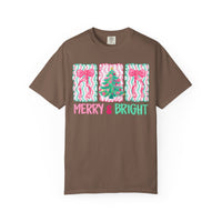 Merry & Bright Christmas — Pink & Green Holiday Tree Design - Comfort Colors | Trendy Women's T-Shirt. Direct to Garment. Printed & Shipped in the USA. Unisex Sizes.