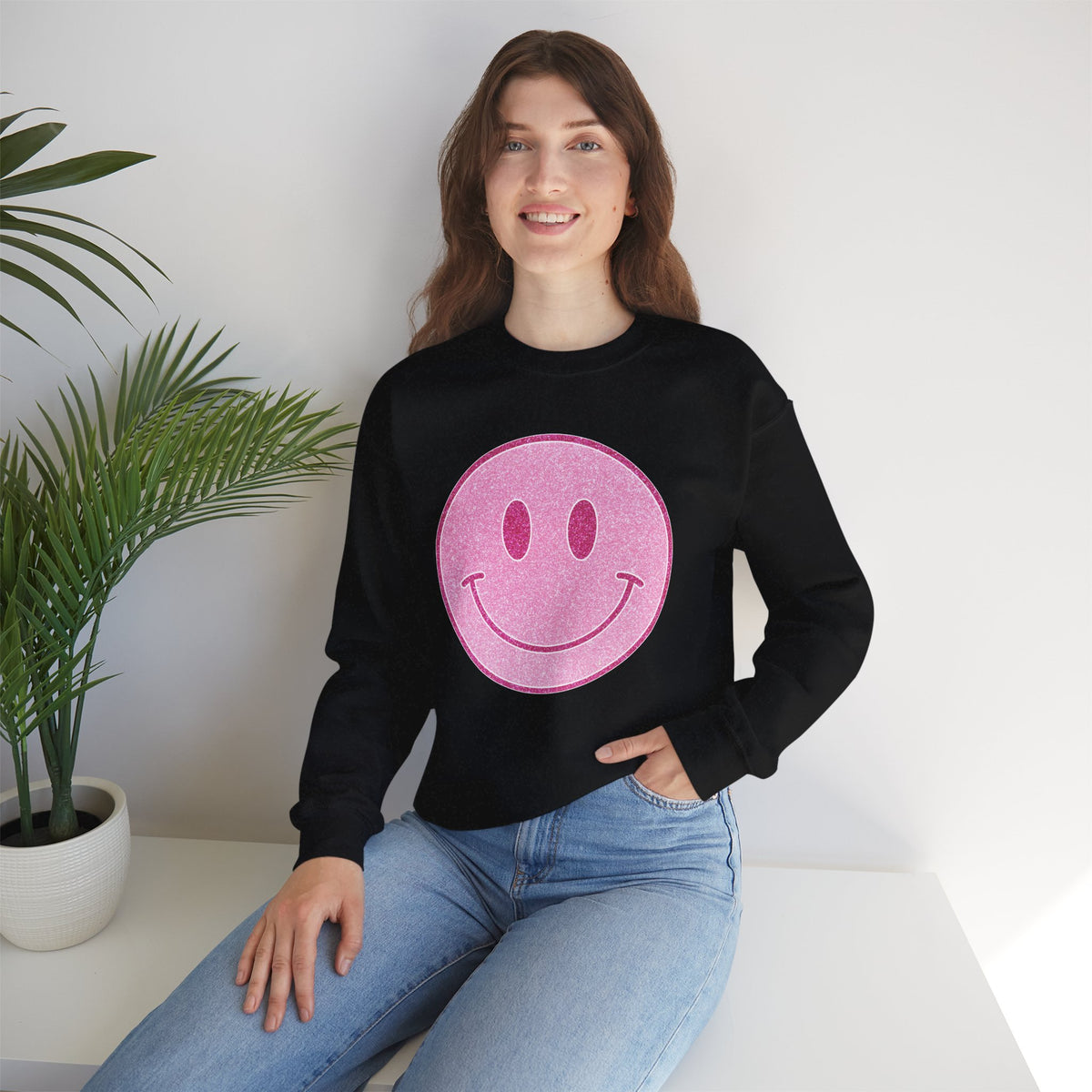 Glitter Smiley – Gildan Heavy Blend | Trendy Women’s Soft Sweatshirt. Direct to Garment. Printed & Shipped in the USA. Unisex Sizes.