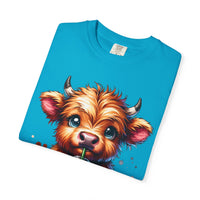 Coffee Addict Highland Cow Drinking Iced Coffee - Comfort Colors | Trendy Women's T-Shirt. Direct to Garment. Printed & Shipped in the USA. Unisex Sizes.
