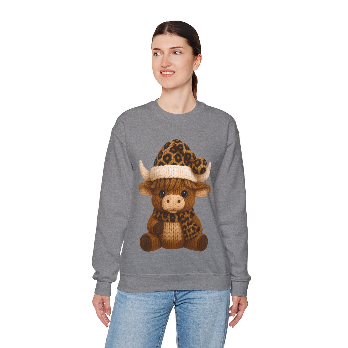Cute Highland Cow with Leopard Santa Hat Christmas – Gildan Heavy Blend | Trendy Women’s Soft Sweatshirt. Direct to Garment. Printed & Shipped in the USA. Unisex Sizes.