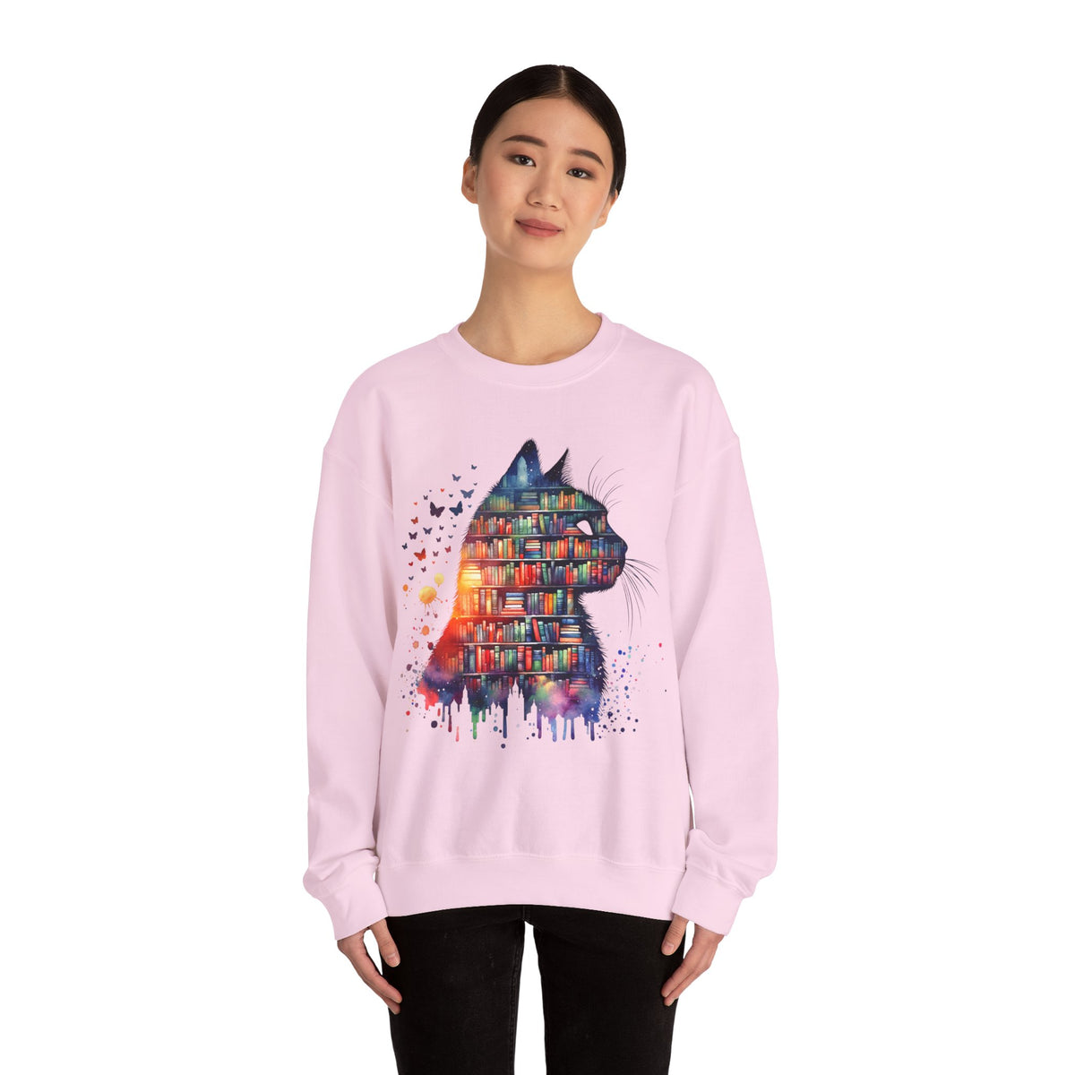 Cat Silhouette for Book Lovers – Gildan Heavy Blend | Trendy Women’s Soft Sweatshirt. Direct to Garment. Printed & Shipped in the USA. Unisex Sizes.