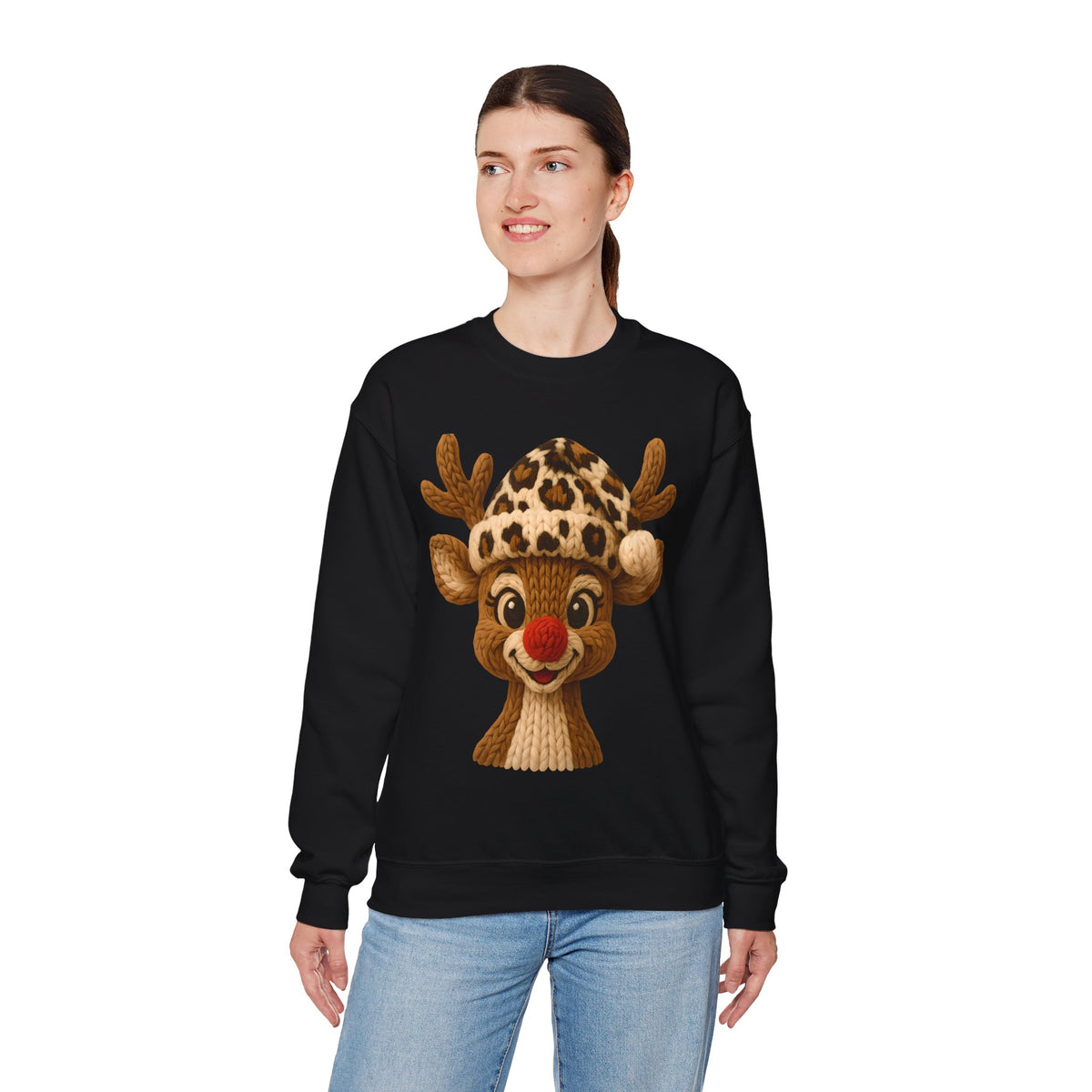 Rudolph Reindeer Leopard Santa Hat Christmas – Gildan Heavy Blend | Trendy Women’s Soft Sweatshirt. Direct to Garment. Printed & Shipped in the USA. Unisex Sizes.