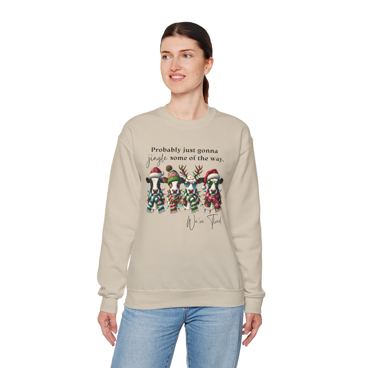 Christmas Cows - Probably Just Gonna Jingle Some Of The Way – Gildan Heavy Blend | Trendy Women’s and Men's Soft Sweatshirt. Direct to Garment. Printed & Shipped in the USA. Unisex Sizes.