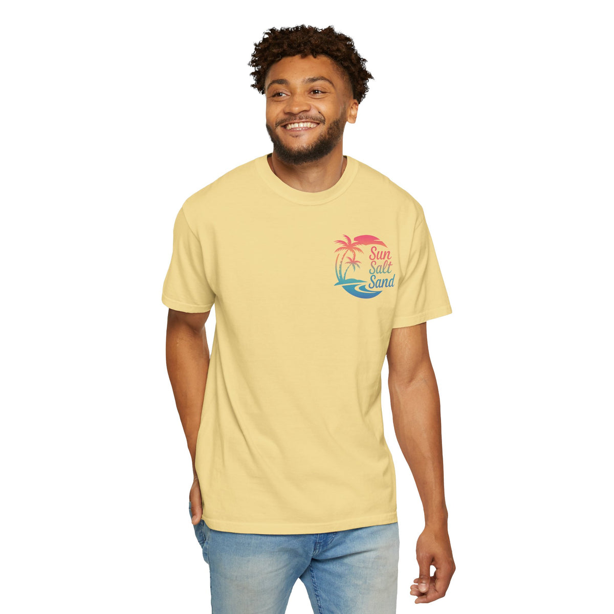 Sun Salt Sand, Beach Sunset - Front & Back Print - Comfort Colors | Trendy Women's and Men's T-Shirt. Direct to Garment. Printed & Shipped in the USA. Unisex Sizes.