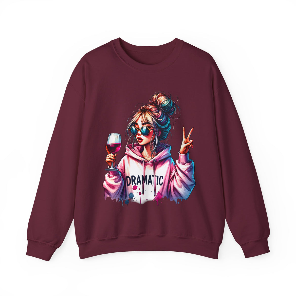 Dramatic Girl With Wine Messy Bun Peace Sign – Gildan Heavy Blend | Trendy Women’s Soft Sweatshirt. Direct to Garment. Printed & Shipped in the USA. Unisex Sizes.