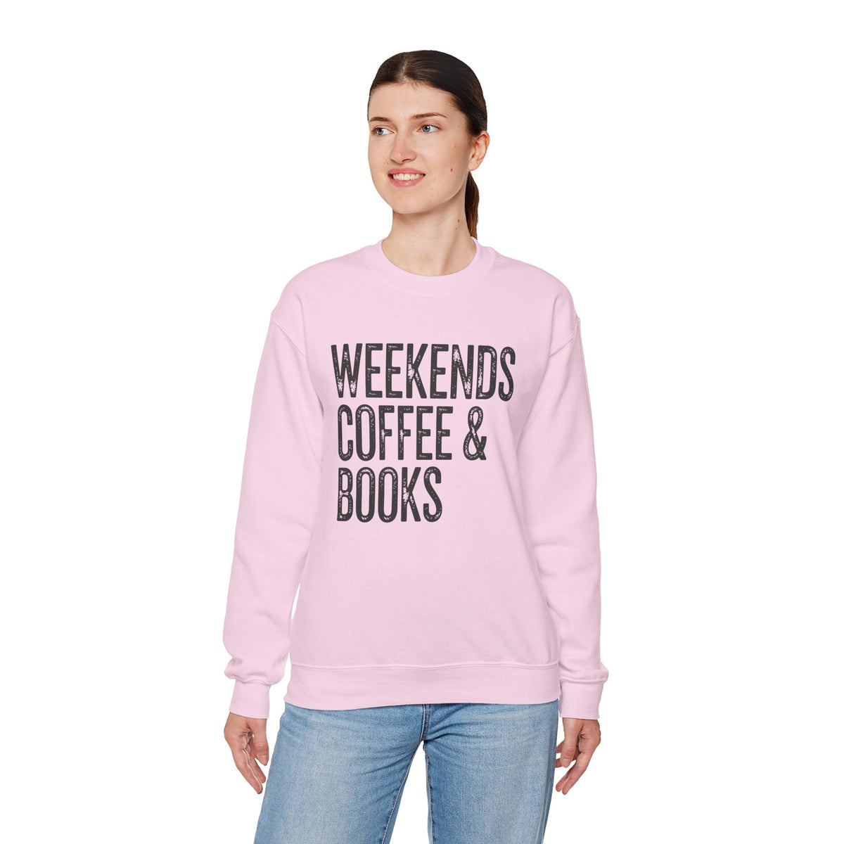 Weekends, Coffee & Books – Gildan Heavy Blend | Trendy Women’s and Men's Soft Sweatshirt. Direct to Garment. Printed & Shipped in the USA. Unisex Sizes.