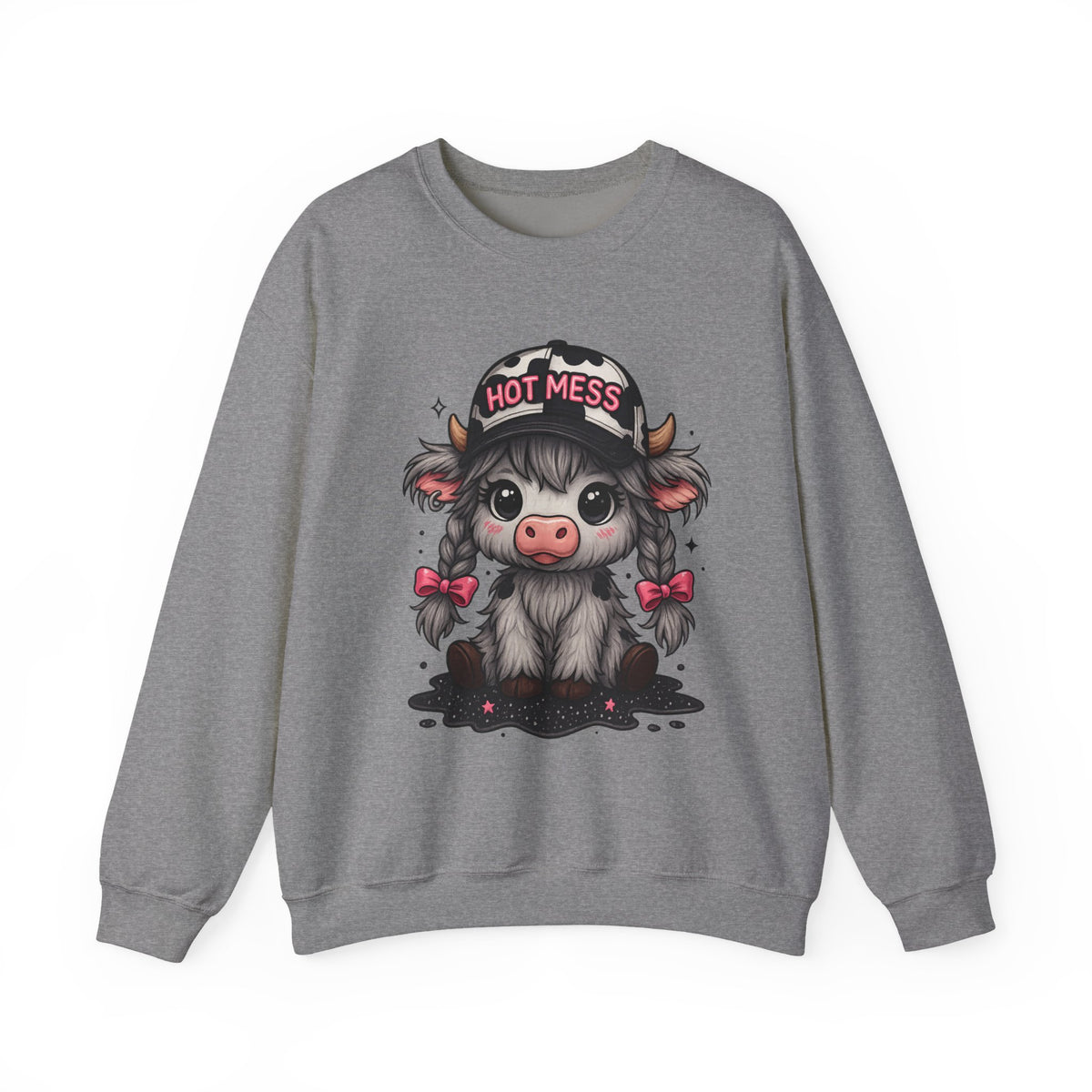 Cute Highland Cow 'Hot Mess' In Braids – Gildan Heavy Blend | Trendy Women’s Soft Sweatshirt. Direct to Garment. Printed & Shipped in the USA. Unisex Sizes.