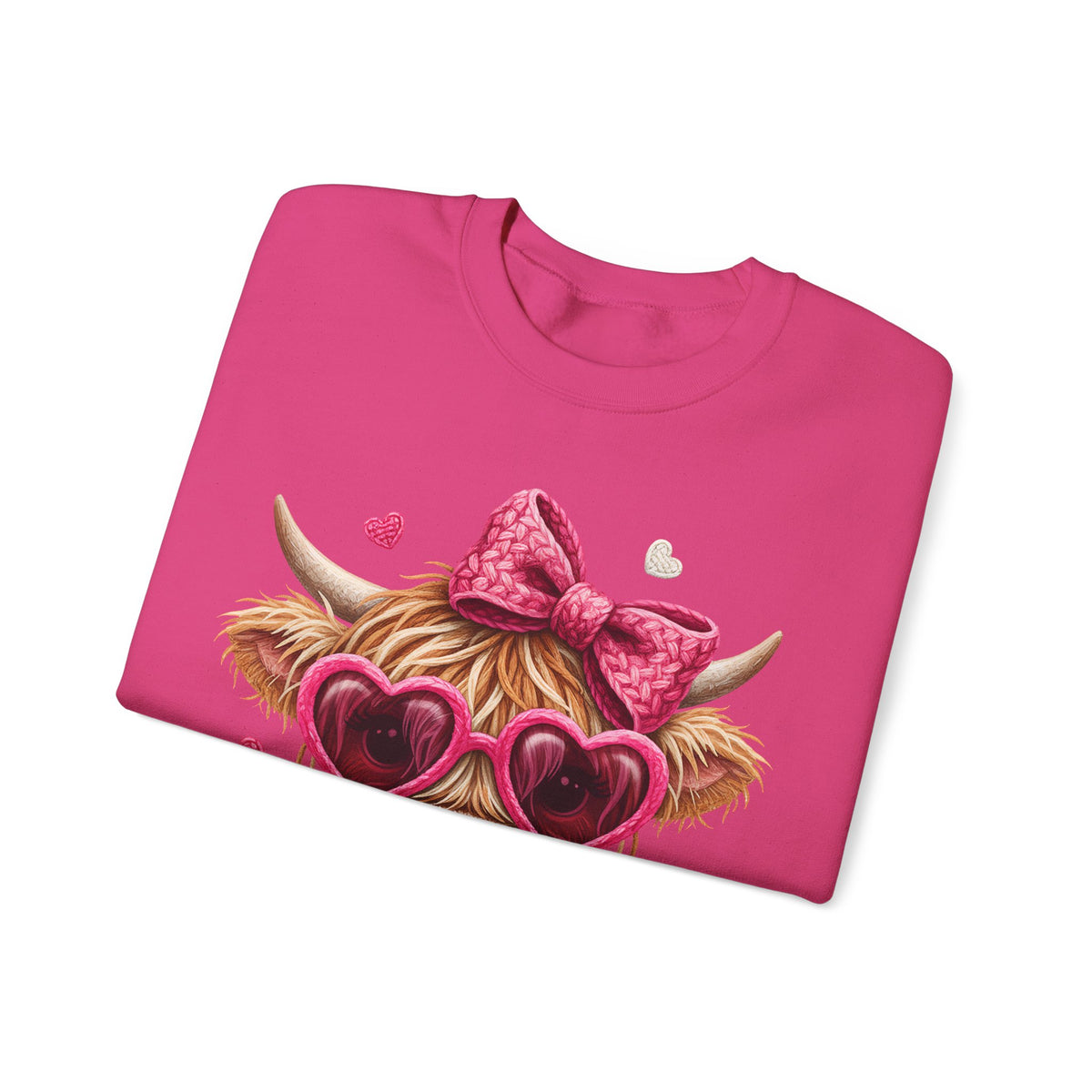 Highland Cow - Pink Heart Shaped Glasses – Gildan Heavy Blend | Trendy Women’s Soft Sweatshirt. Direct to Garment. Printed & Shipped in the USA. Unisex Sizes.