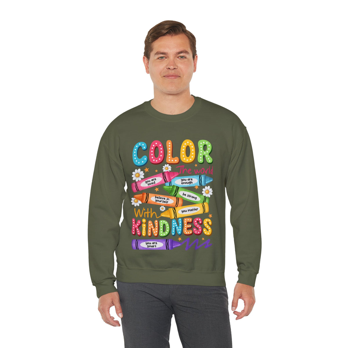 Color the World With Kindness Crayons, Great Teacher Gift – Gildan Heavy Blend | Trendy Women’s and Men's Soft Sweatshirt. Direct to Garment. Printed & Shipped in the USA. Unisex Sizes.