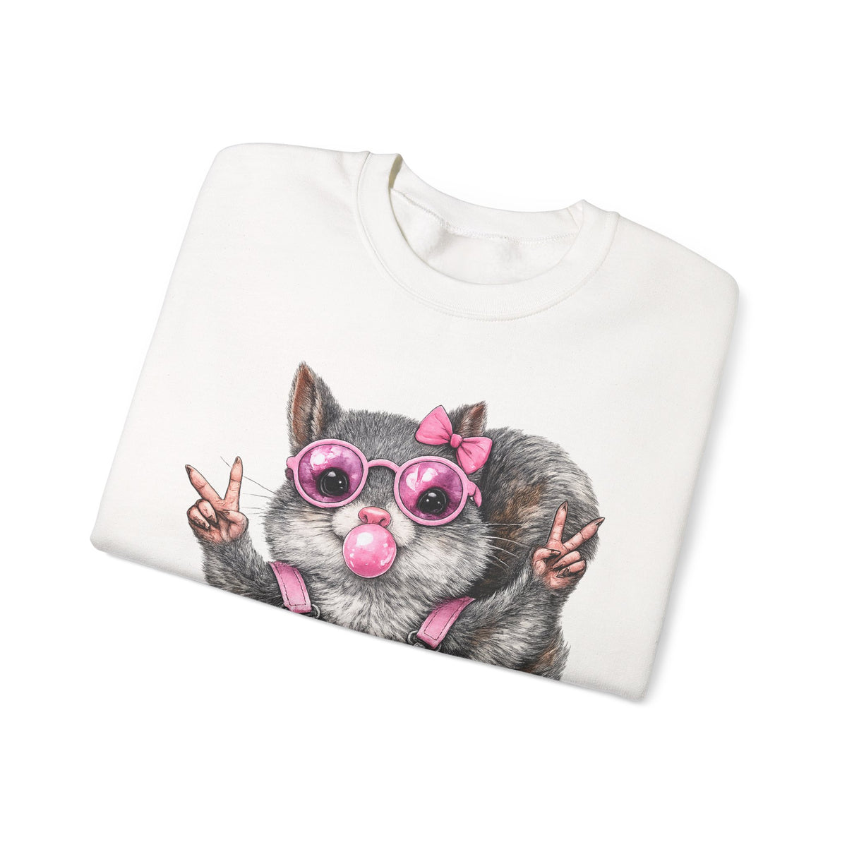 Cute But Feral, Squirrel in Pink Bibs – Gildan Heavy Blend | Trendy Women’s Soft Sweatshirt. Direct to Garment. Printed & Shipped in the USA. Unisex Sizes.