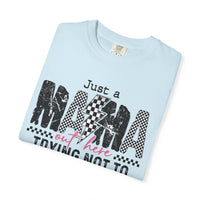 Just a Mama Out Here Trying Not To Raise Assholes - Comfort Colors | Trendy Women's T-Shirt. Direct to Garment. Printed & Shipped in the USA. Unisex Sizes.