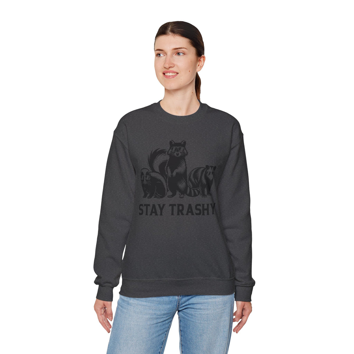 Stay Trashy, Skunk Raccoon Possum – Gildan Heavy Blend | Trendy Women’s and Men's Soft Sweatshirt. Direct to Garment. Printed & Shipped in the USA. Unisex Sizes.