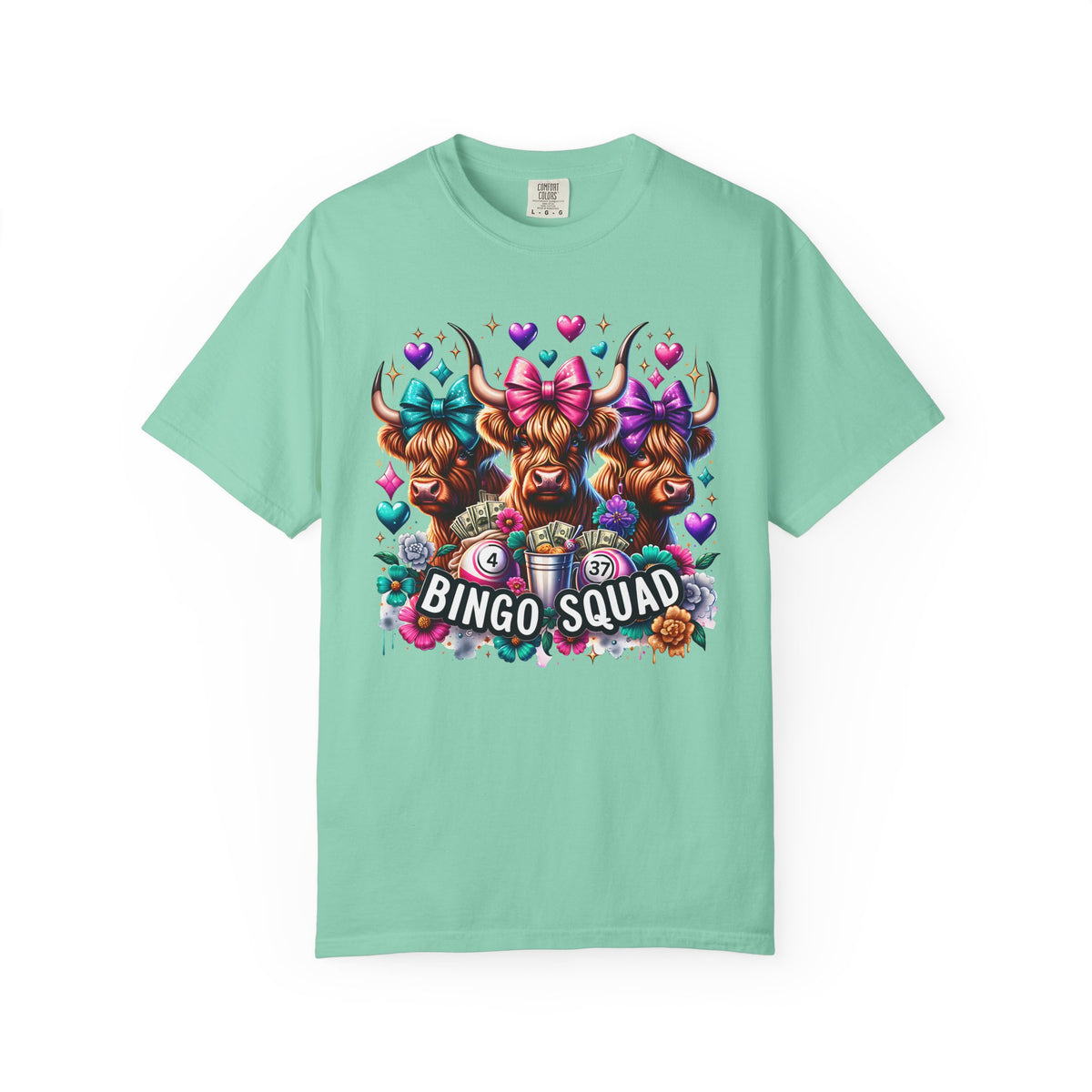 Cute Highland Cows Bingo Squad - Comfort Colors | Trendy Women's T-Shirt. Direct to Garment. Printed & Shipped in the USA. Unisex Sizes.