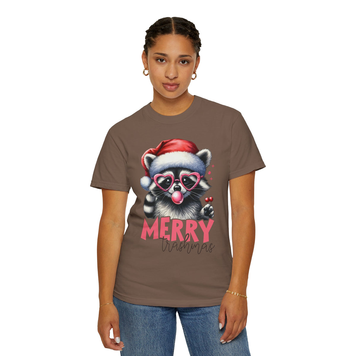 Merry Trashmas Bubblegum Raccoon w/Santa Hat Christmas - Comfort Colors | Trendy Women's T-Shirt. Direct to Garment. Printed & Shipped in the USA. Unisex Sizes.
