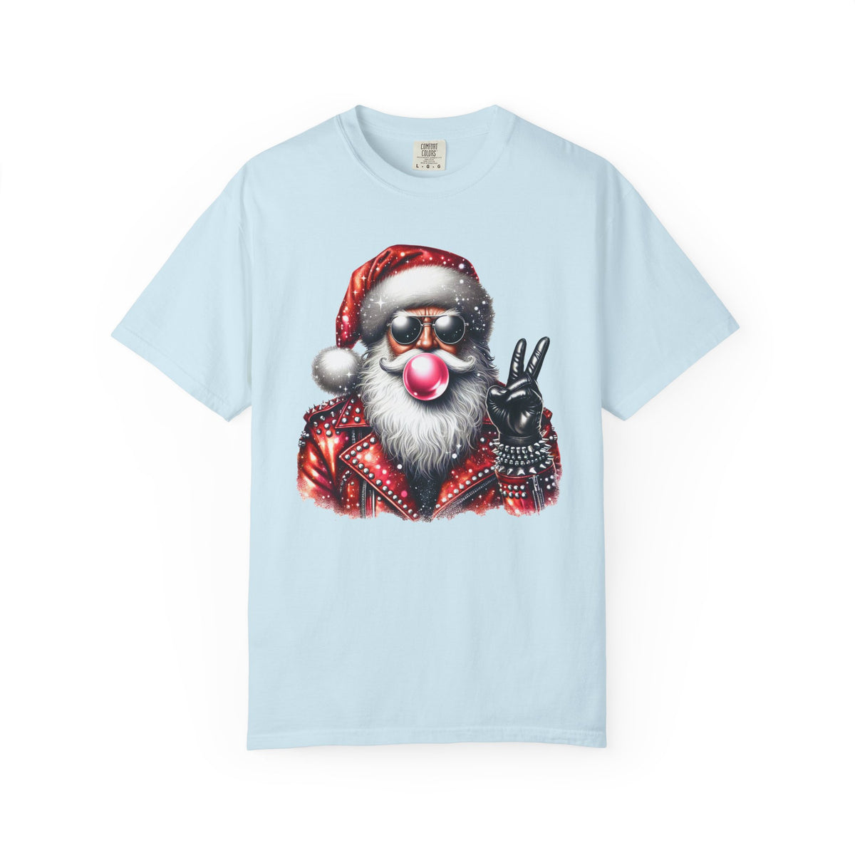 Biker Santa Leather Jacket Bubblegum - Comfort Colors | Trendy Women's and Men's T-Shirt. Direct to Garment. Printed & Shipped in the USA. Unisex Sizes.