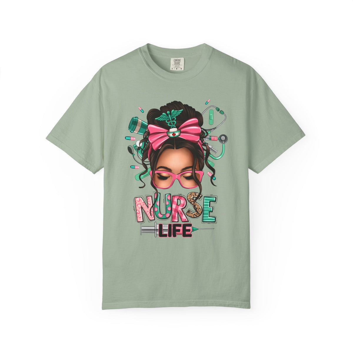 Nurse Life Messy Bun, Cute Stethoscope & Syringe - Comfort Colors | Trendy Women's T-Shirt. Direct to Garment. Printed & Shipped in the USA. Unisex Sizes.