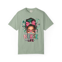 Nurse Life Messy Bun, Cute Stethoscope & Syringe - Comfort Colors | Trendy Women's T-Shirt. Direct to Garment. Printed & Shipped in the USA. Unisex Sizes.