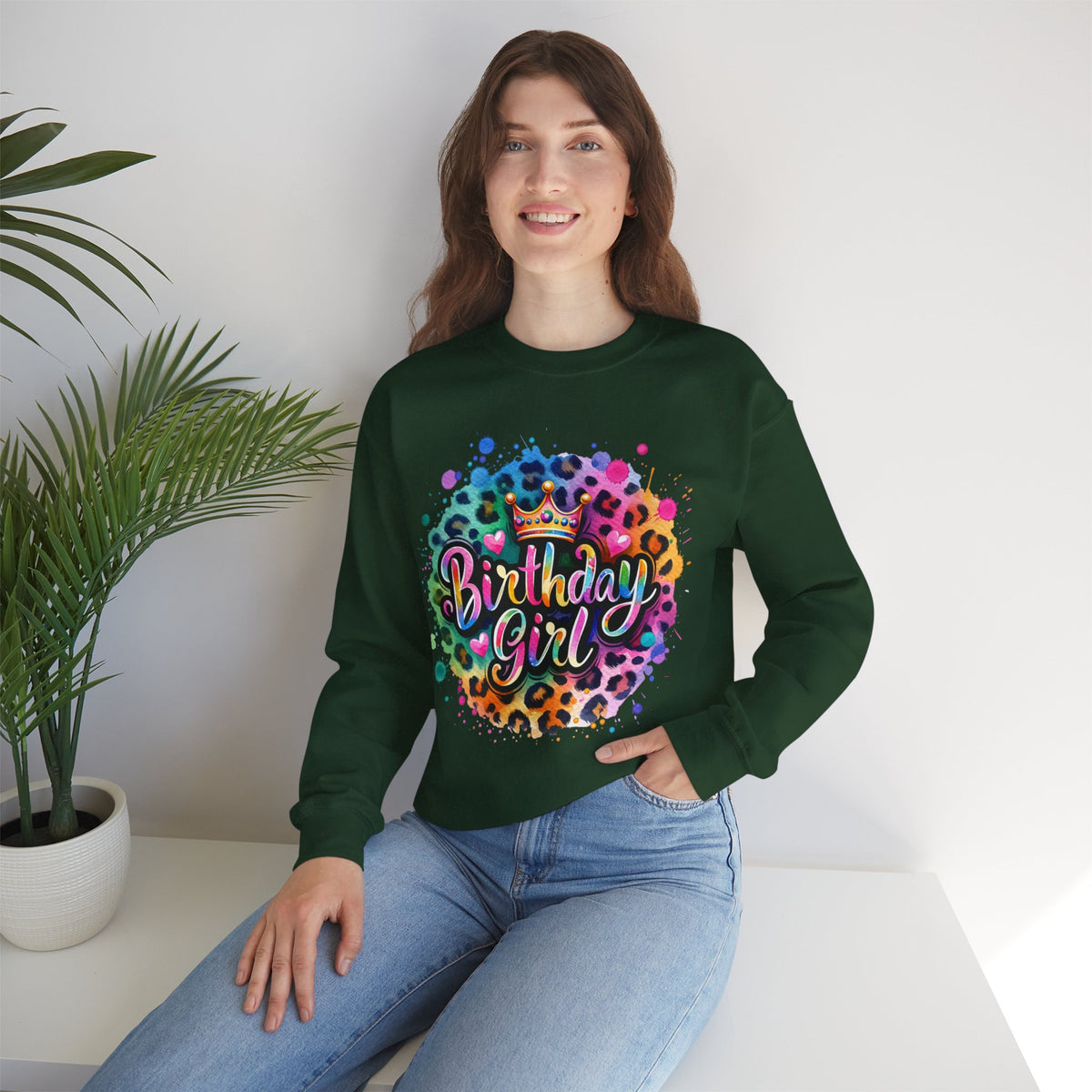 Birthday Girl, Neon Leopard – Gildan Heavy Blend | Trendy Women’s Soft Sweatshirt. Direct to Garment. Printed & Shipped in the USA. Unisex Sizes.