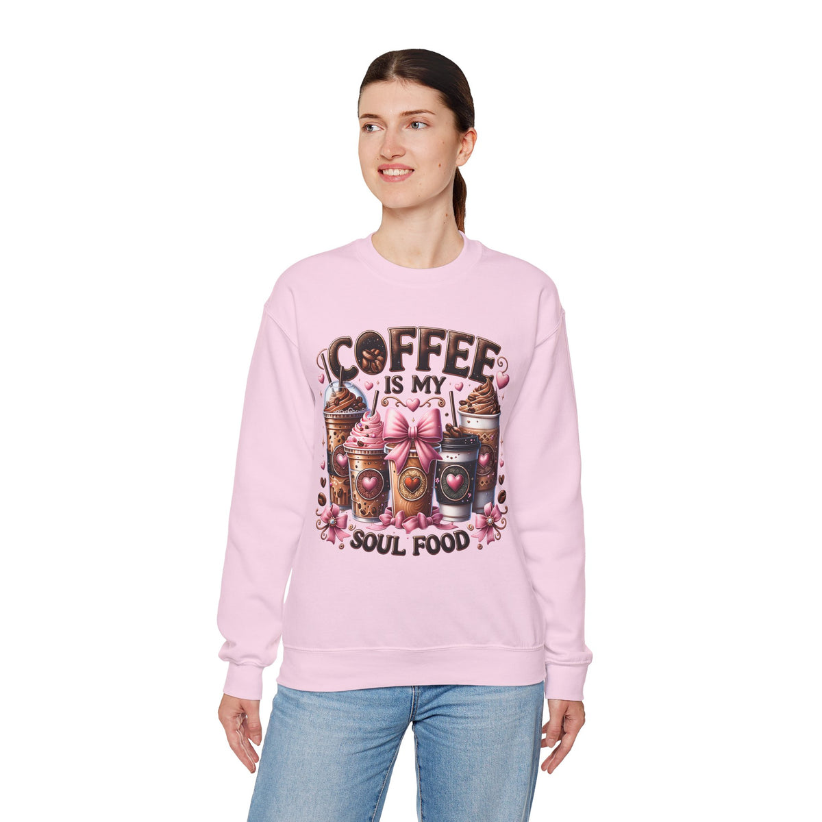 Coffee Is My Soul Food, Iced Coffee, Pink Bow – Gildan Heavy Blend | Trendy Women’s Soft Sweatshirt. Direct to Garment. Printed & Shipped in the USA. Unisex Sizes.