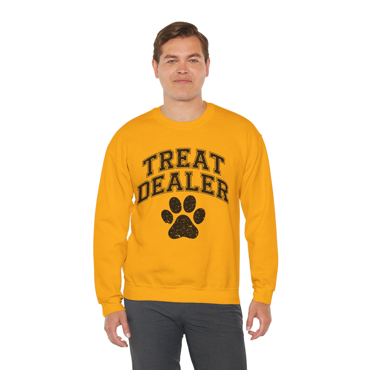 Treat Dealer, Dog Lover – Gildan Heavy Blend | Trendy Men's and Women’s Soft Sweatshirt. Direct to Garment. Printed & Shipped in the USA. Unisex Sizes.