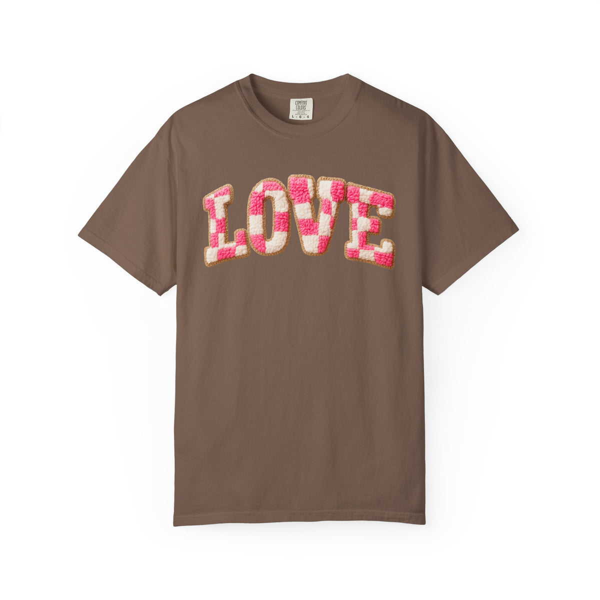 Faux Crochet Checkered LOVE - Comfort Colors | Trendy Women's T-Shirt. Direct to Garment. Printed & Shipped in the USA. Unisex Sizes.