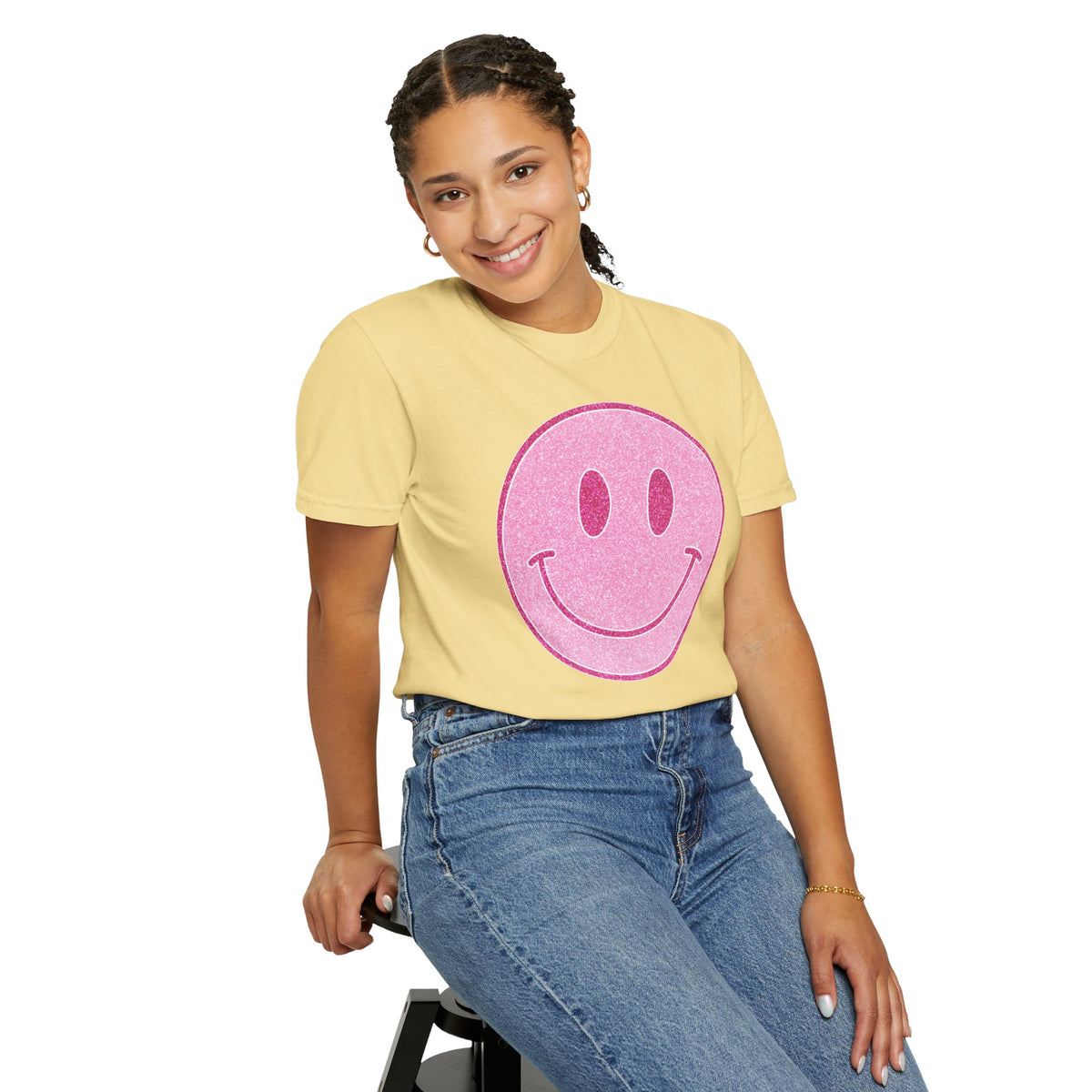 Faux Glitter Smiley - Comfort Colors | Trendy Women's T-Shirt. Direct to Garment. Printed & Shipped in the USA. Unisex Sizes.