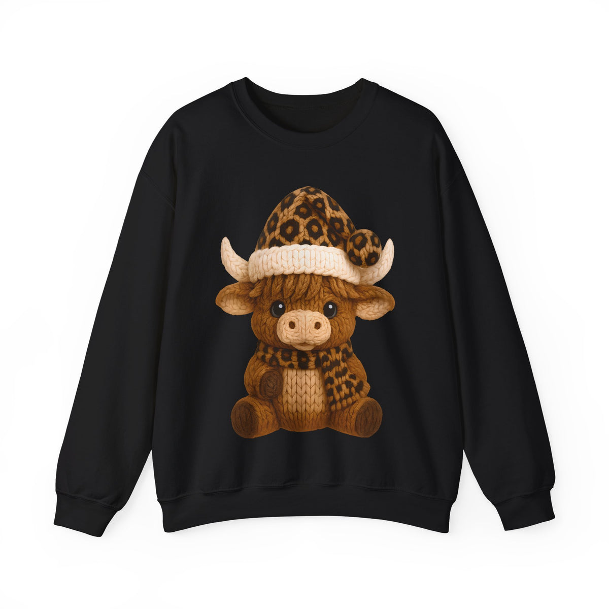 Cute Highland Cow with Leopard Santa Hat Christmas – Gildan Heavy Blend | Trendy Women’s Soft Sweatshirt. Direct to Garment. Printed & Shipped in the USA. Unisex Sizes.