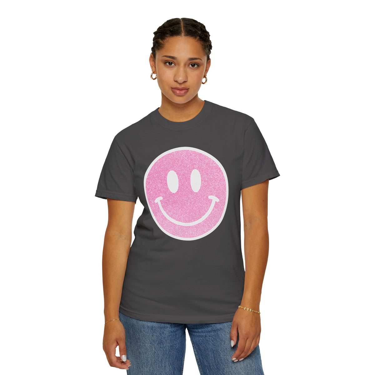 Faux Glitter Smiley - Comfort Colors | Trendy Women's T-Shirt. Direct to Garment. Printed & Shipped in the USA. Unisex Sizes.