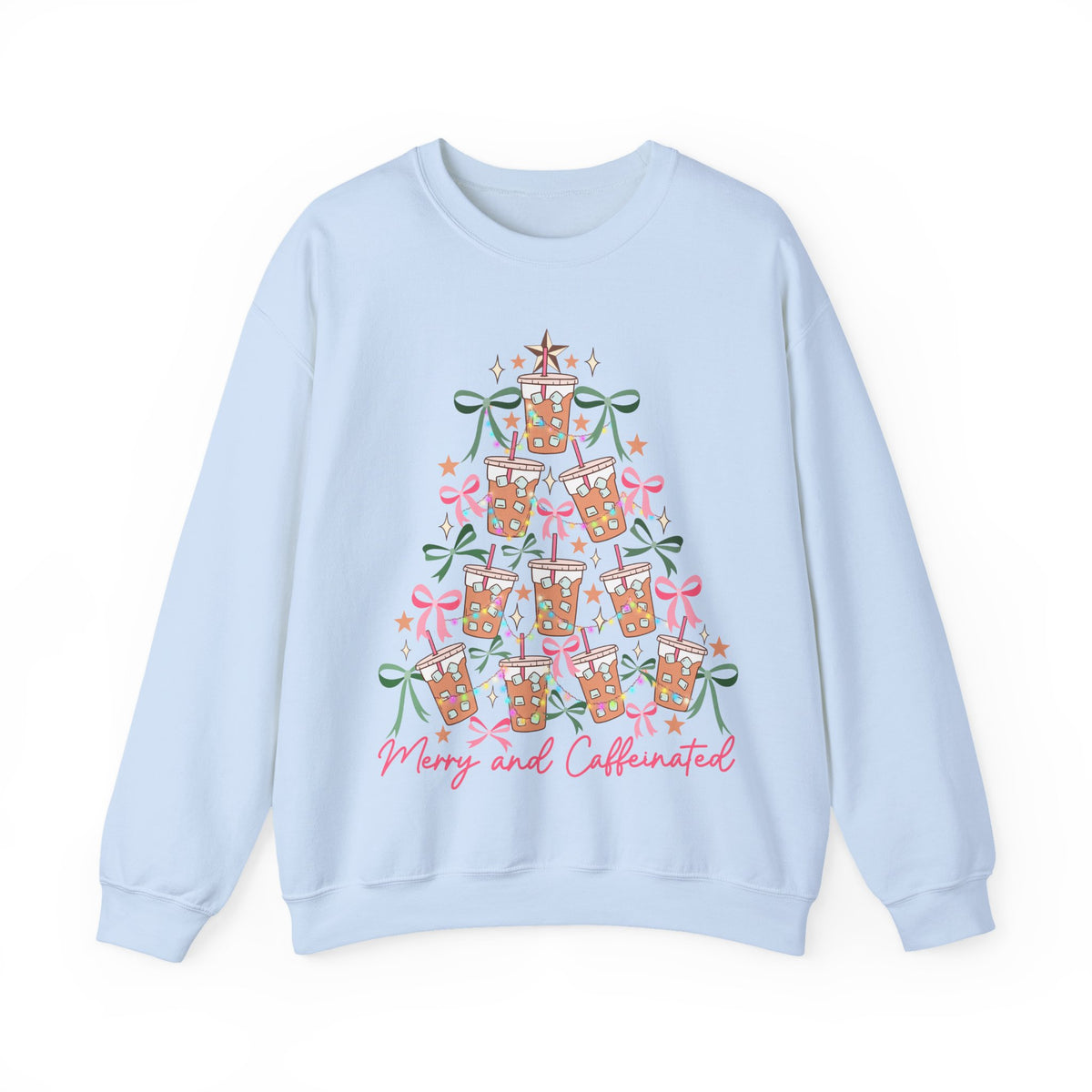 Merry and Caffeinated Iced Coffee Christmas Tree – Gildan Heavy Blend | Trendy Women’s Soft Sweatshirt. Direct to Garment. Printed & Shipped in the USA. Unisex Sizes.