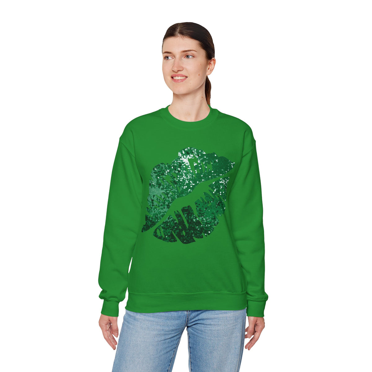 Green Faux Glitter Kiss – Gildan Heavy Blend | Trendy Women’s Soft Sweatshirt. Direct to Garment. Printed & Shipped in the USA. Unisex Sizes.
