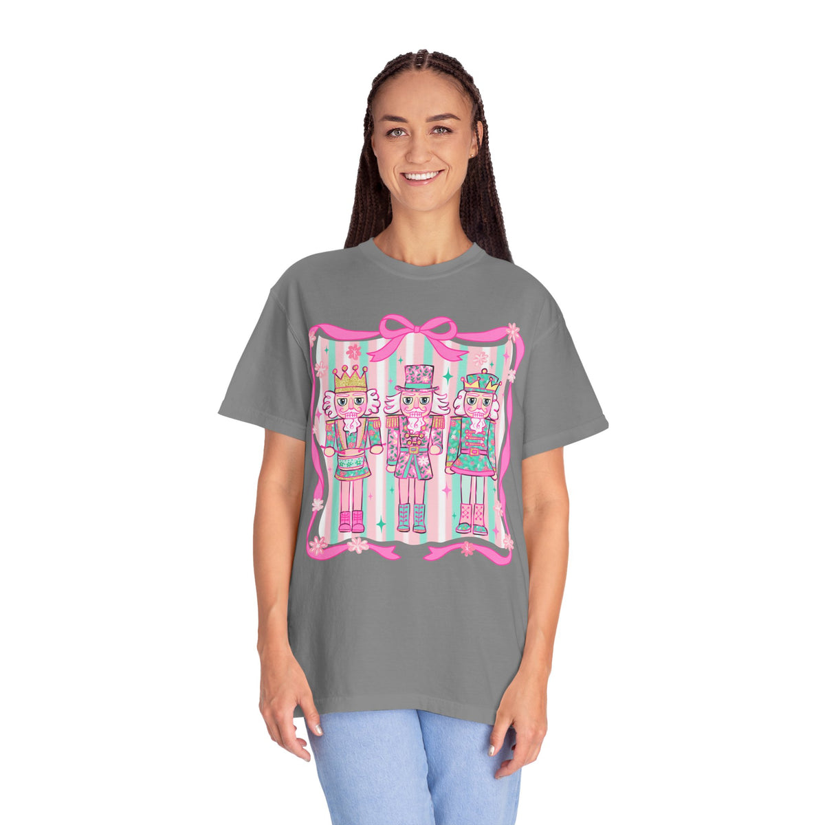 Coquette Pastel Christmas Nutcracker Trio Pink and Green - Comfort Colors | Trendy Women's T-Shirt. Direct to Garment. Printed & Shipped in the USA. Unisex Sizes.
