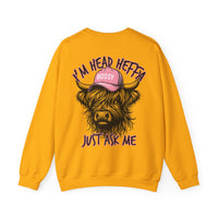 Head Heffa Highland Cow, Front & Back Print – Gildan Heavy Blend | Trendy Women’s Soft Sweatshirt. Direct to Garment. Printed & Shipped in the USA. Unisex Sizes.