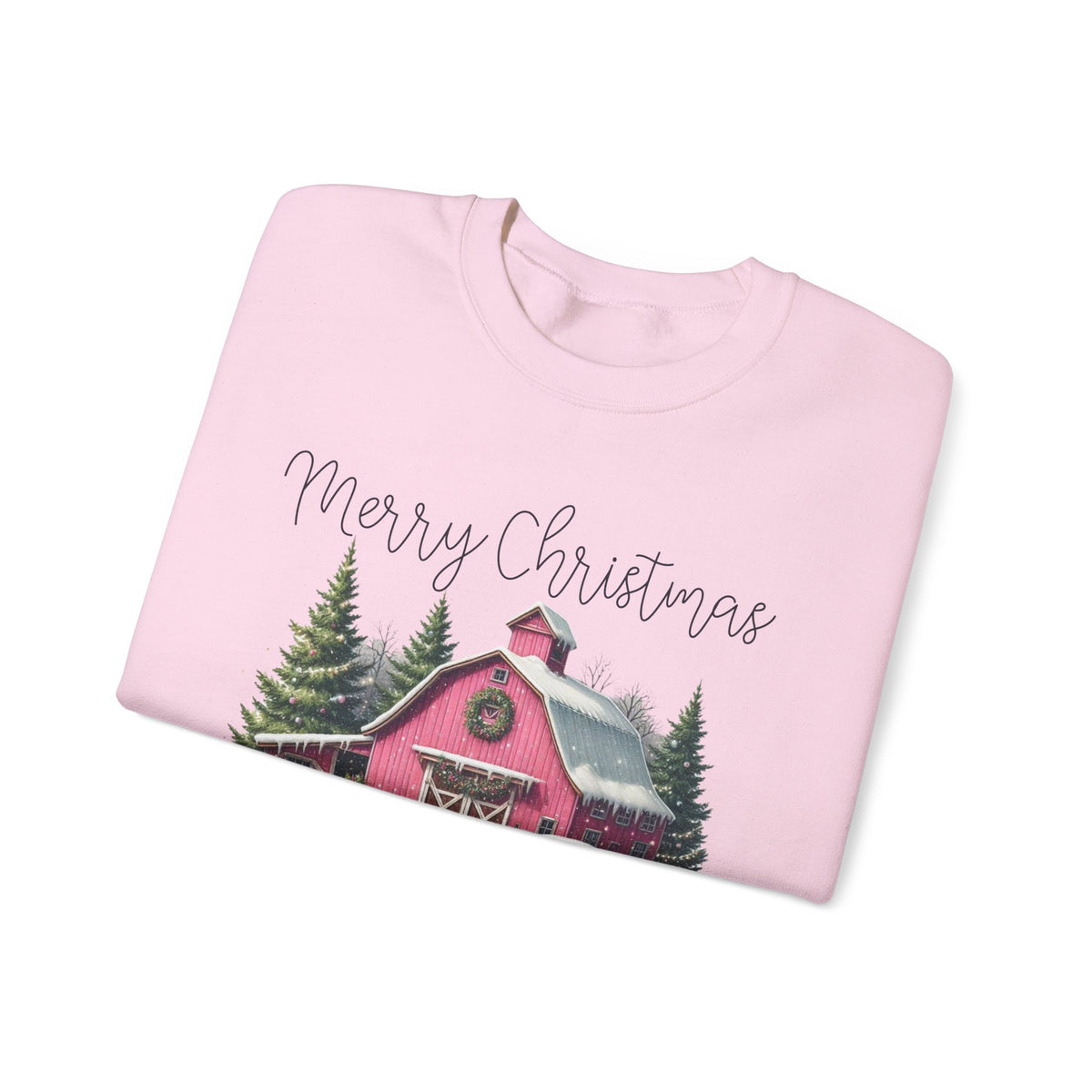 Merry Christmas Pink Barn Farm Animals – Gildan Heavy Blend | Trendy Women’s Soft Sweatshirt. Direct to Garment. Printed & Shipped in the USA. Unisex Sizes.